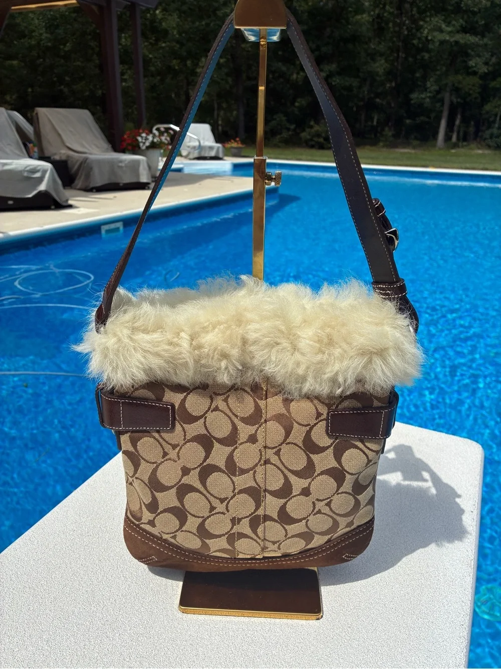 Coach F0528K47 Signature Shearling Fur Trim Shoulder Bag Brown Y2K